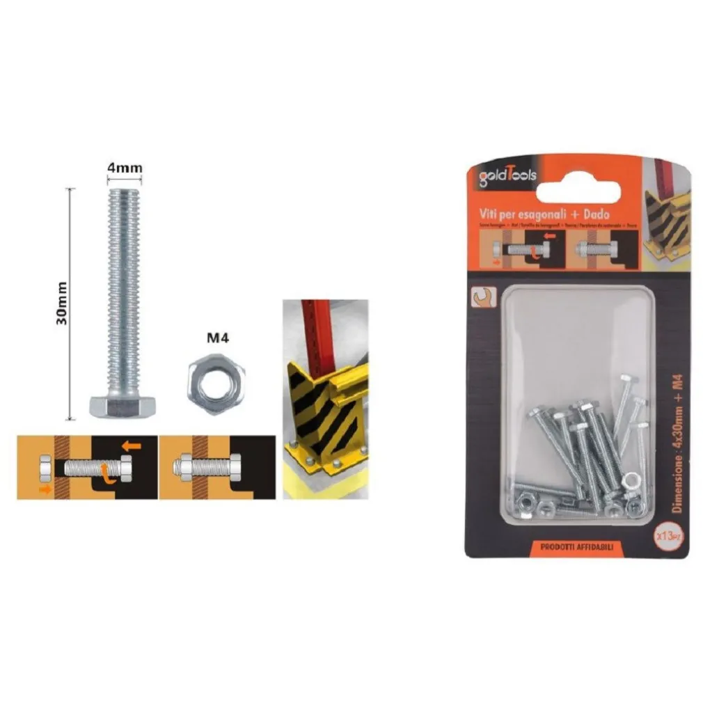 SET 13PZ VITE VITI PER ESTERNO A TESTA ESAGONALI 4 X 30MM CON DADI DADO M4 90906