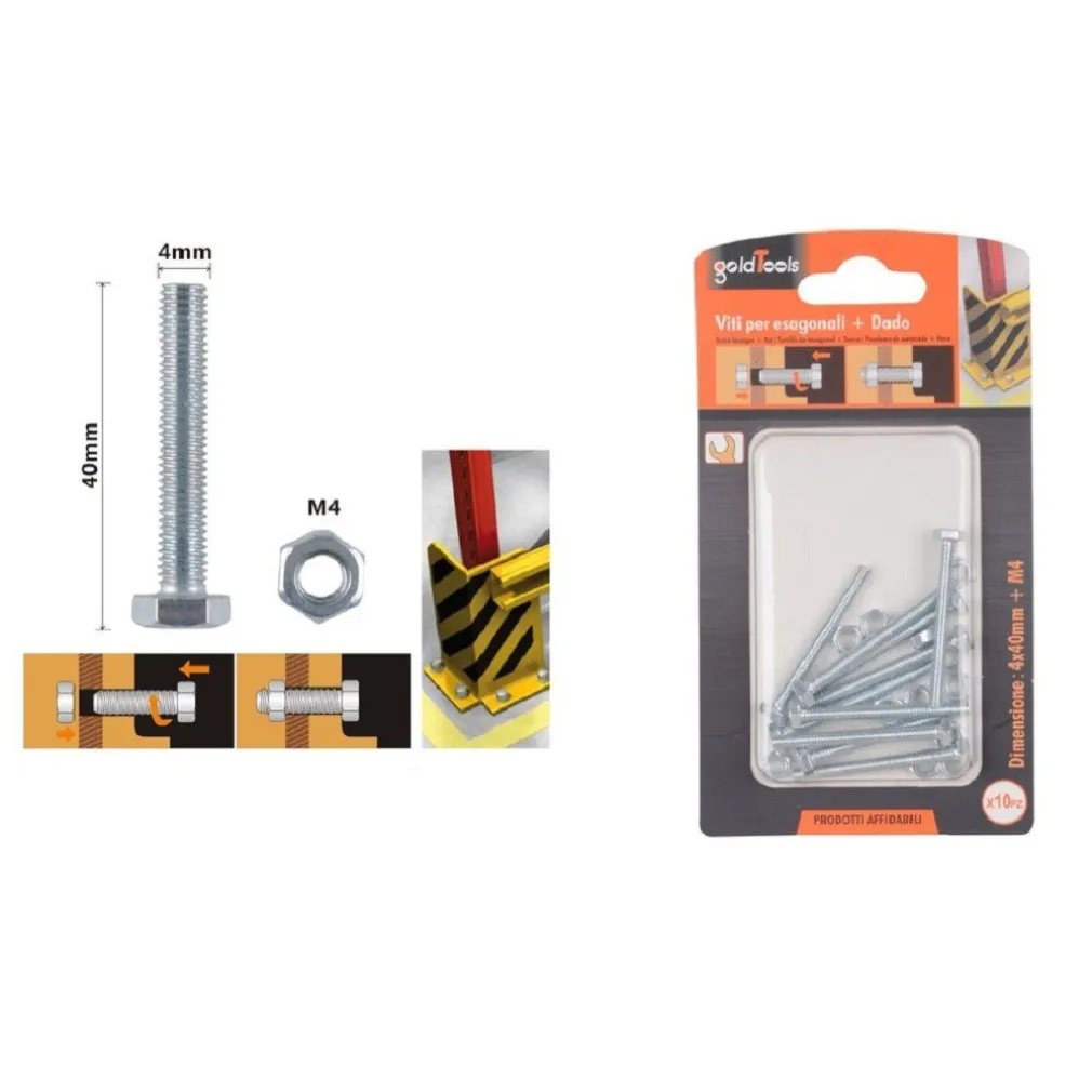 SET 10PZ VITE VITI PER ESTERNO A TESTA ESAGONALI 4 X 40MM CON DADI DADO M4 90907