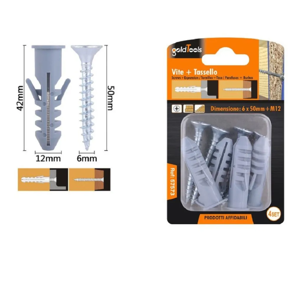 SET 4PZ VITI VITE CROCE 6X50 MM + TASSELLI CON ALETTE TASSELLO M12 FISCHER 57573