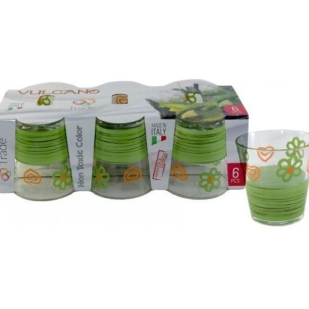 SET SERVIZIO 6 PEZZI BICCHIERI VETRO DECORATI VULCANO VERDE
