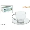SET SERVIZIO 6 TAZZE TAZZINE CAFFÈ IN VETRO TRASPARENTE CON PIATTINO 220ML