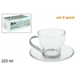 SET SERVIZIO 6 TAZZE TAZZINE CAFFÈ IN VETRO TRASPARENTE CON PIATTINO 220ML