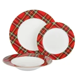 SET SERVIZIO DI 18 PZ PIATTI CON MOTIVO A BORDO TARTAN IN PORCELLANA DA TAVOLA NATALIZIO