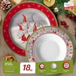 SET SERVIZIO DI PIATTI DA TAVOLA IN PORCELLANA 18 PEZZI DESIGN CON GNOMI NATALIZIO FESTIVO