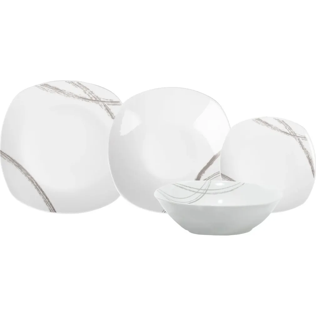 SET SERVIZIO DI PIATTI IN PORCELLANA 19PZ FORMA QUADRATA CON MOTIVO ASTRATTO LINEE GRIGIE