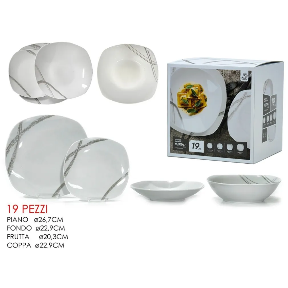 SET SERVIZIO DI PIATTI IN PORCELLANA 19PZ FORMA QUADRATA CON MOTIVO ASTRATTO LINEE GRIGIE