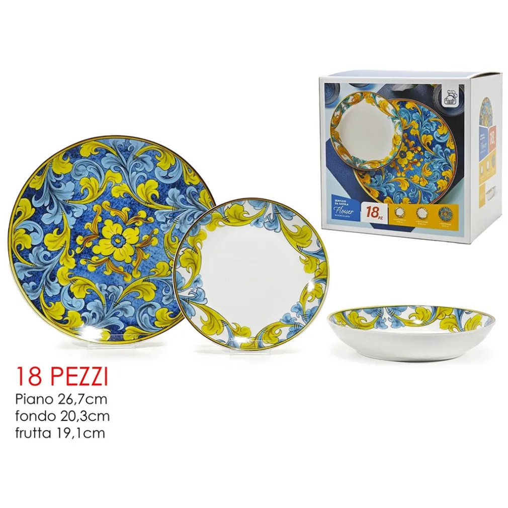 SET SERVIZIO DI PIATTI IN PORCELLANA 18PZ DECORAZIONE FLOREALI IN STILE MAIOLICA DA TAVOLA