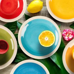 SET SERVIZIO DI PIATTI STILE RUSTICO COUNTRY CHIC IN STONEWARE 12PZ DA TAVOLA MULTICOLORE