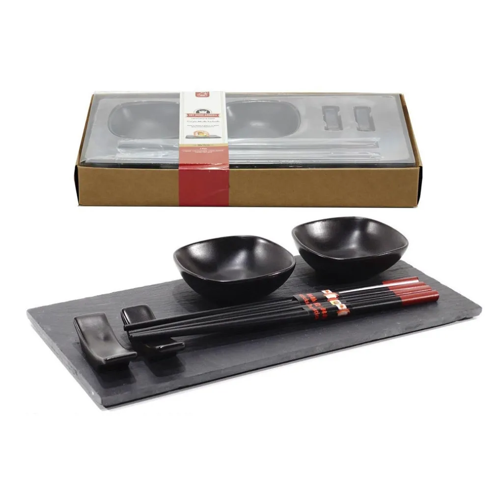 SET SUSHI COMPOSTO DA 4 BACCHETTE E 2 PIATTI PER SALSE CON VASSOIO IN ARDESIA