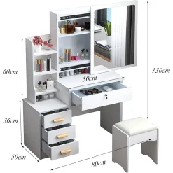 SET TAVOLO DA TOELETTA PER TRUCCO COSMETICI CON SPECCHIO LED MORBIDO SGABELLO CASSETTI