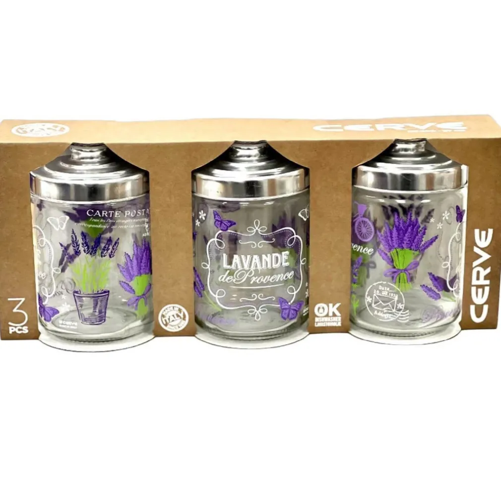 SET TRIS 3 PZ BARATTOLI CONTENITORI DA CUCINA IN VETRO DECORAZIONE FIORI 800ML