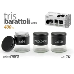 SET TRIS BARATTOLI SALE ZUCCHERO CAFFÈ METALLO IN VETRO 400ML NERO 9X10CM 816598