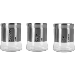 SET TRIS DI BARATTOLI SALE ZUCCHERO CAFFÈ IN ACCIAIO VETRO ACCESSORI CUCINA