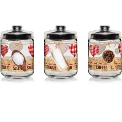 SET TRIS 3PZ BARATTOLI CONTENITORI DA CUCINA IN VETRO SALE ZUCCHERO CAFFÈ 800 CC