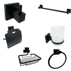 SET ULTRA MODERNO NERO 6PZ BAGNO PORTA ASCIUGAMANO ROTOLO BICCHIERE SPAZZOLINI 87261