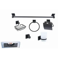 SET ULTRA MODERNO NERO 6PZ BAGNO PORTA ASCIUGAMANO ROTOLO BICCHIERE SPAZZOLINI 87261
