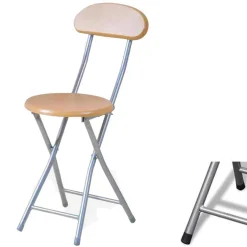 SGABELLO PIEGHEVOLE IN LEGNO CHIARO E METALLO CON APPOGGIO SCHIENALE CAMPEGGIO