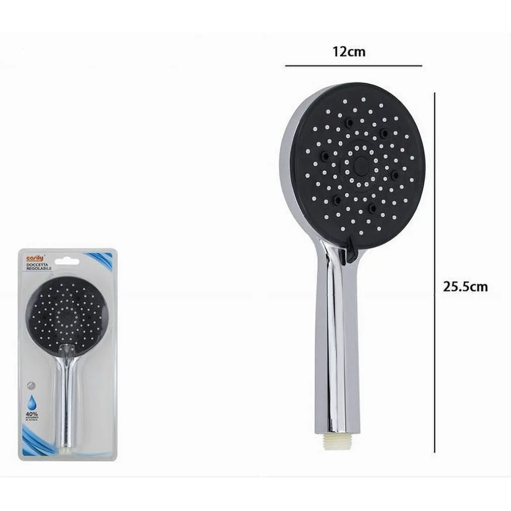 SOFFIONE DA DOCCIA 12 X 25.5CM DOCCETTA MULTIGETTO REGOLABILE ROTONDA NERA 87145
