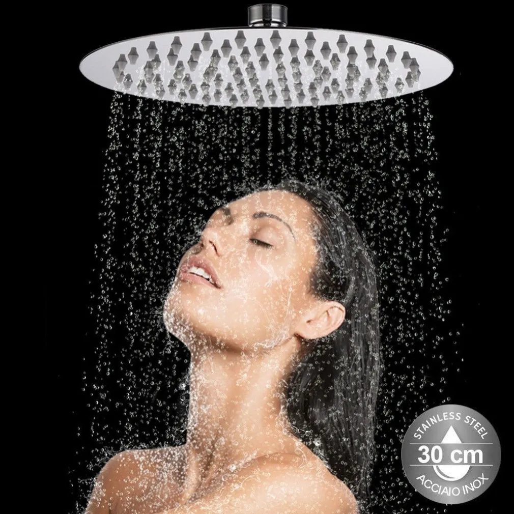 SOFFIONE DOCCIA BAGNO CASCATA TONDO 30 CM ACCIAIO ULTRA SOTTILE EFFETTO PIOGGIA