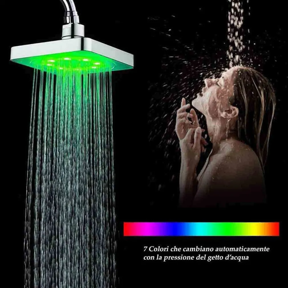 SOFFIONE DOCCIA QUADRATO 15CM A LED RGB BAGNO MISCELATORE 79903 PER CROMOTERAPIA