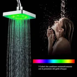 SOFFIONE DOCCIA QUADRATO 20CM A LED RGB BAGNO MISCELATORE 79905 PER CROMOTERAPIA