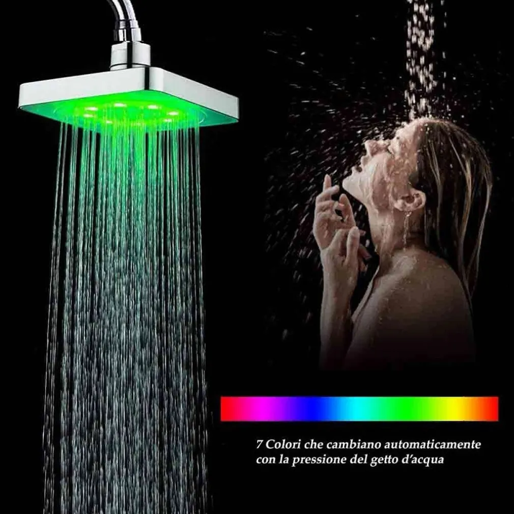 SOFFIONE DOCCIA QUADRATO 20CM A LED RGB BAGNO MISCELATORE 79905 PER CROMOTERAPIA
