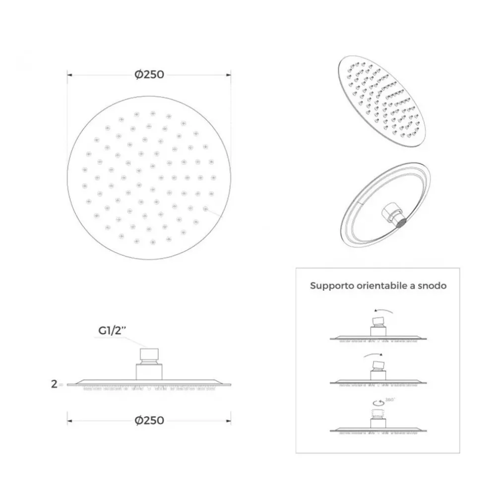 SOFFIONE DOCCIA ULTRA SLIM ROTONDO Ø25CM ORO SATINATO ATTACCO UNIVERSALE ½ BAGNO 87884
