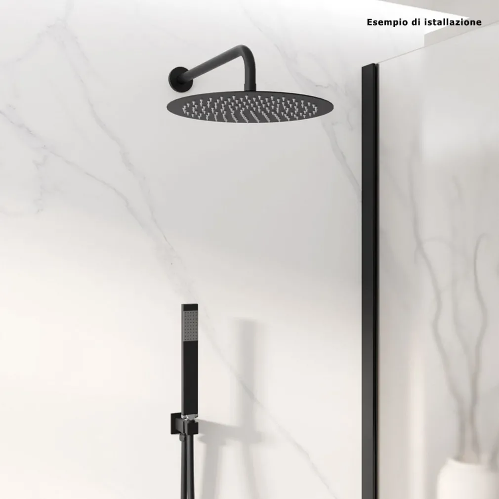 SOFFIONE DOCCIA ULTRA SLIM ROTONDO Ø25CM NERO ATTACCO UNIVERSALE ½ BAGNO MISCELATORE 87885