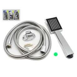 SOFFIONE DOCCIA UNIVERSALE ACCIAIO QUADRATO + TUBO FLEXI 2 MT EFFETTO PIOGGIA