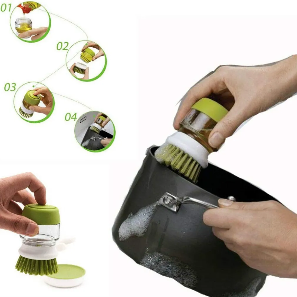 SPAZZOLA CON DISPENSER SAPONE SETOLE RIGIDE ANTIGRAFFIO LAVA BICCHIERI PIATTI PENTOLE