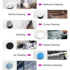 SPAZZOLA ROTANTE PULIZIA ELETTRICA A BATTERIA 7 TESTE PER BAGNO CUCINA PIASTRELLE