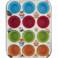 STAMPO TEGLIA VASSOIO ANTIADERENTE PER 12 MUFFIN DOLCI CON PIROTTINI IN SILICONE