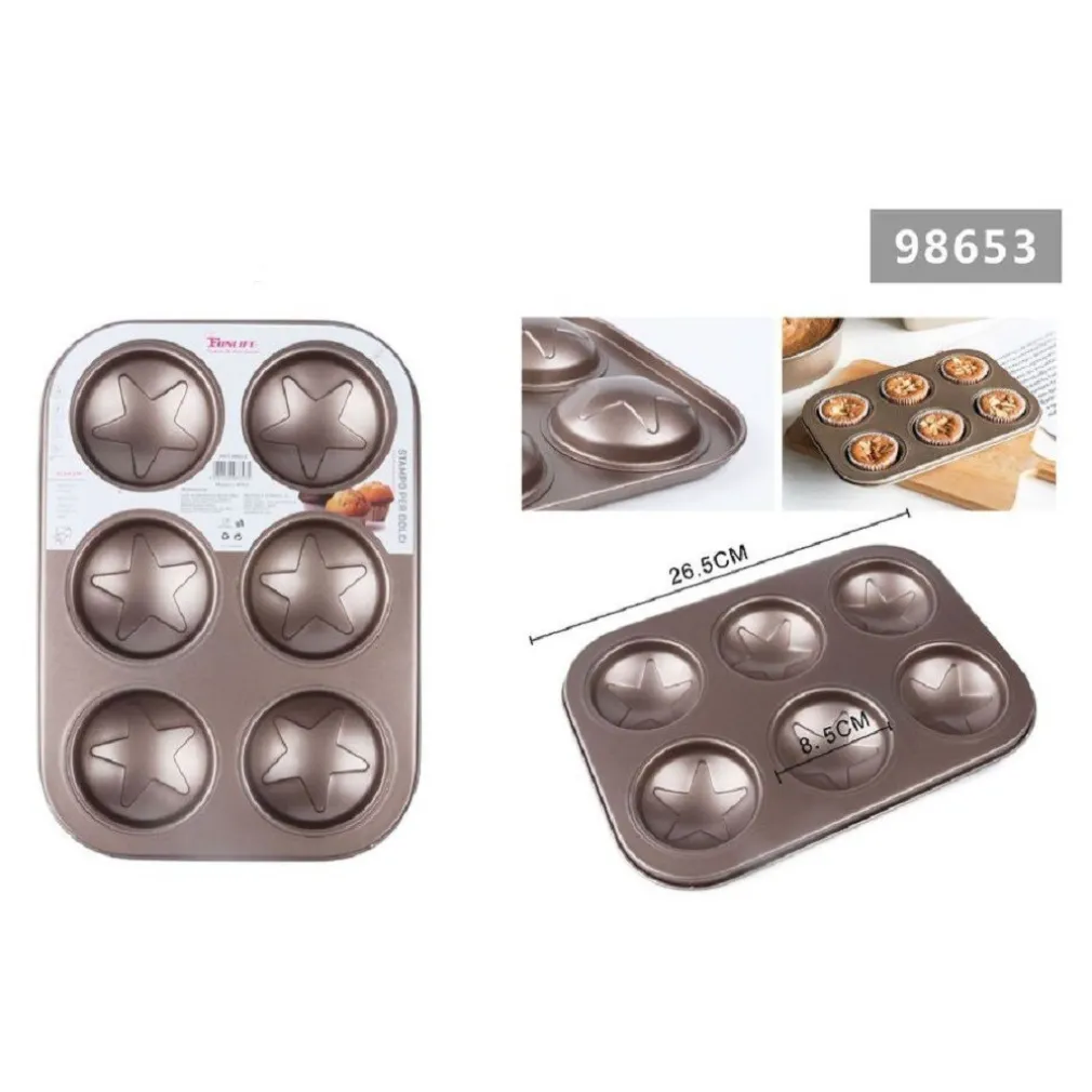 STAMPO TEGLIA VASSOIO ANTIADERENTE 6 MUFFIN CUPCAKE DOLCI BUDINO A STELLE 98653