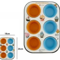 STAMPO TEGLIA VASSOIO ANTIADERENTE PER 6 MUFFIN DOLCI CON PIROTTINI IN SILICONE