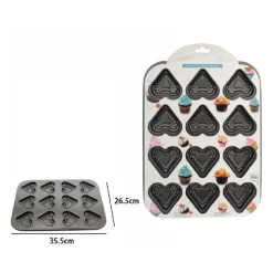 STAMPO TEGLIA VASSOIO ANTIADERENTE PER 12 MUFFIN CUPCAKE DOLCI BUDINO CUORI 59947