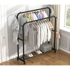 STAND APPENDIABITI ATTACCAPANNI ABITI STENDER BARRA DOPPIO CON RUOTE FRENO NERO