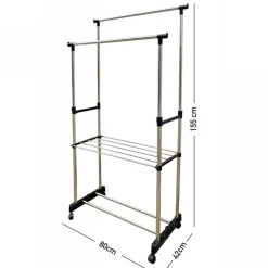 STAND APPENDIABITI DOPPIO IN ACCIAIO CON RUOTE ASTE TELESCOPICHE REGOLABILE