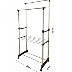 STAND APPENDIABITI DOPPIO CON RIPIANO BASE RUOTE ASTE TELESCOPICHE REGOLABILE