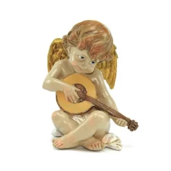 STATUA ORNAMENTALE DECORATIVA ANGELO CON CHITARRA IN CERAMICA COLORATA