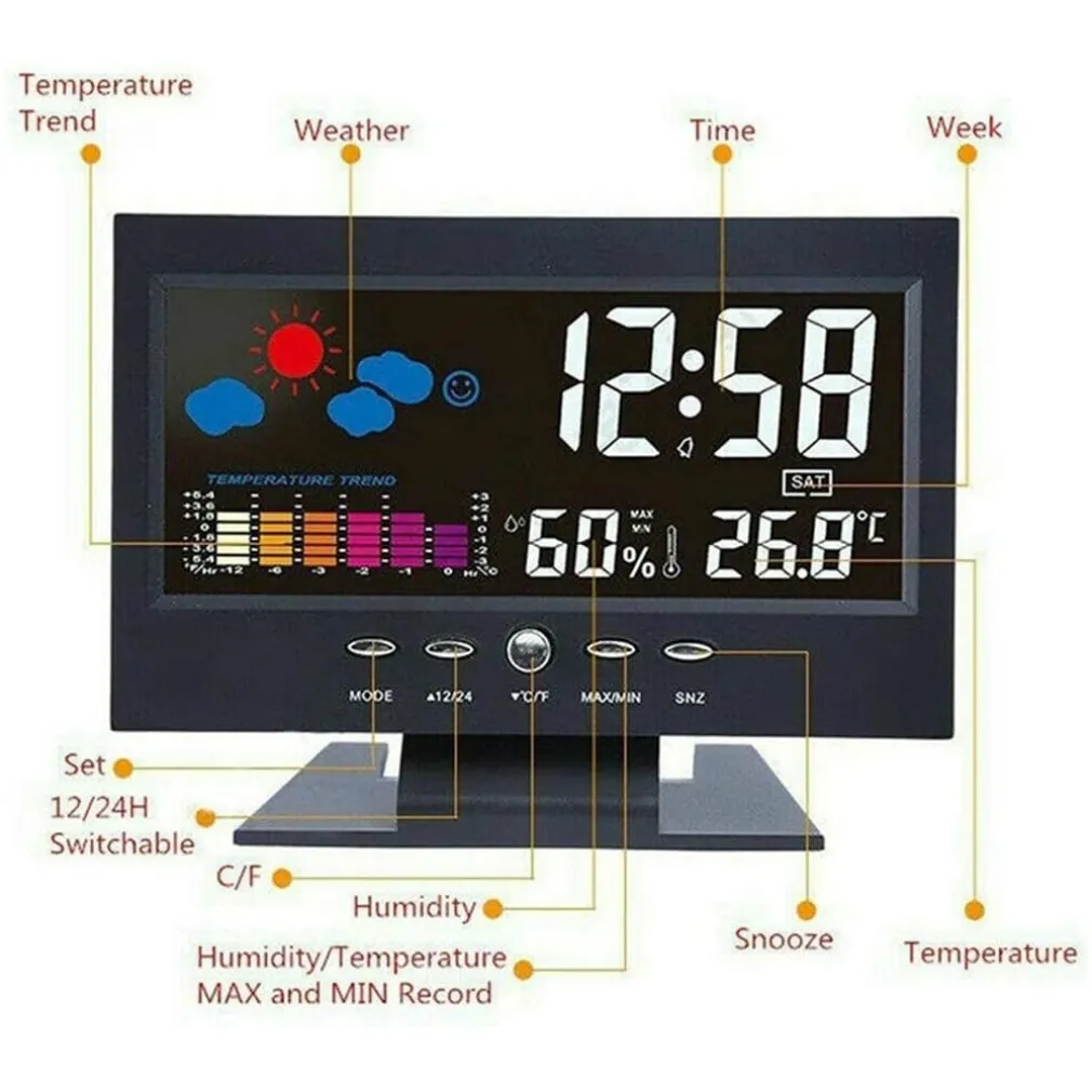 STAZIONE METEO IGROMETRO OROLOGIO SVEGLIA DA TAVOLO DISPLAY LCD COLOR SENZA FILI
