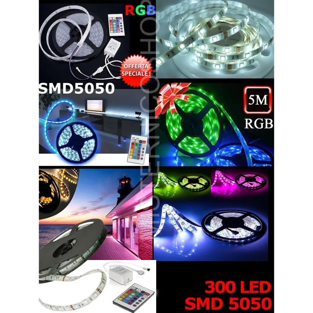 Striscia LED COLORATA RGB 5M SMD5050 IMPERMEABILE CON ALIMENTATORE E TELECOMANDO