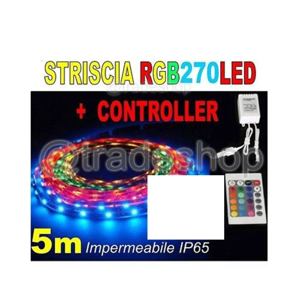 Striscia LED COLORATA RGB 5M SMD5050 IMPERMEABILE CON ALIMENTATORE E TELECOMANDO