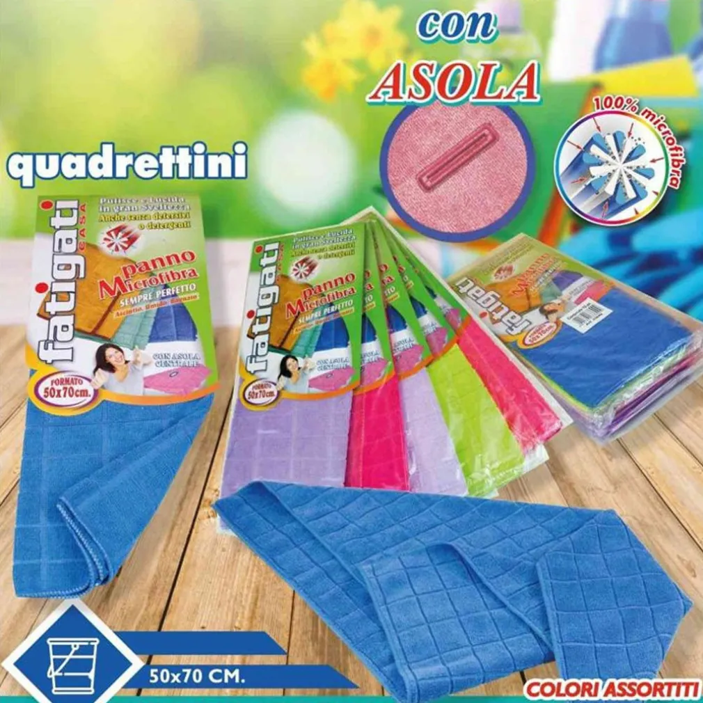STROFINACCIO PANNO MICROFIBRA QUADRI CON ASOLA PULIZIA LAVAGGIO PAVIMENTO 50X70