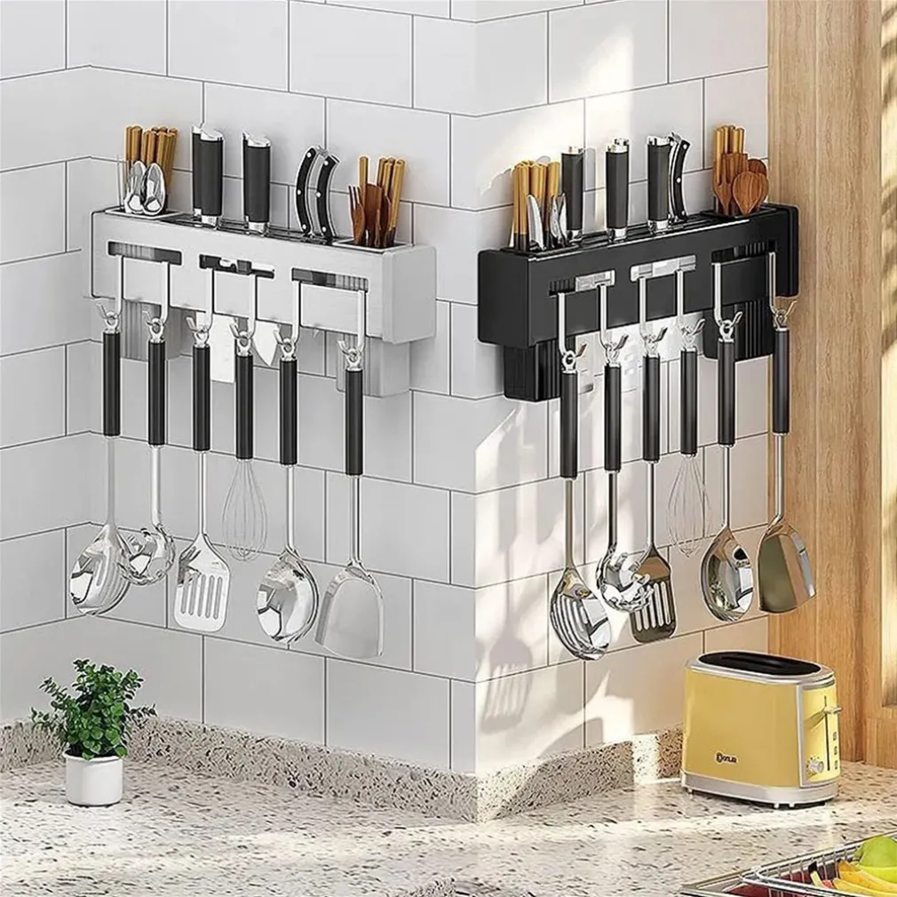 SUPPORTO PER COLTELLI IN ACCIAIO MULTIFUNZIONALE A PARETE MENSOLA DA CUCINA 50 CM