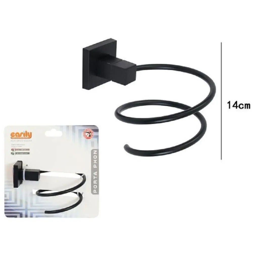 SUPPORTO PER PHON ASCIUGACAPELLI BAGNO CASA PALESTRA A MURO PARETE ACCIAIO NERO