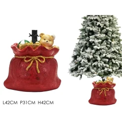 SUPPORTO PIEDE PER ALBERO DI NATALE ROSSO BASE SACCO REGALI CON ORSETTO DECORAZIONE