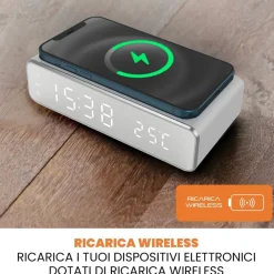 SVEGLIA DIGITALE CON RICARICA WIRELESS SMARTPHONE DISPLAY A LED LUCE REGOLABILE