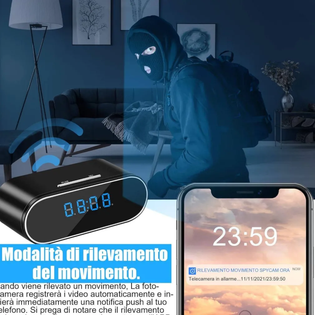 SVEGLIA OROLOGIO CON TELECAMERA SPIA NASCOSTA CON VISIONE NOTTURNA SORVEGLIANZA