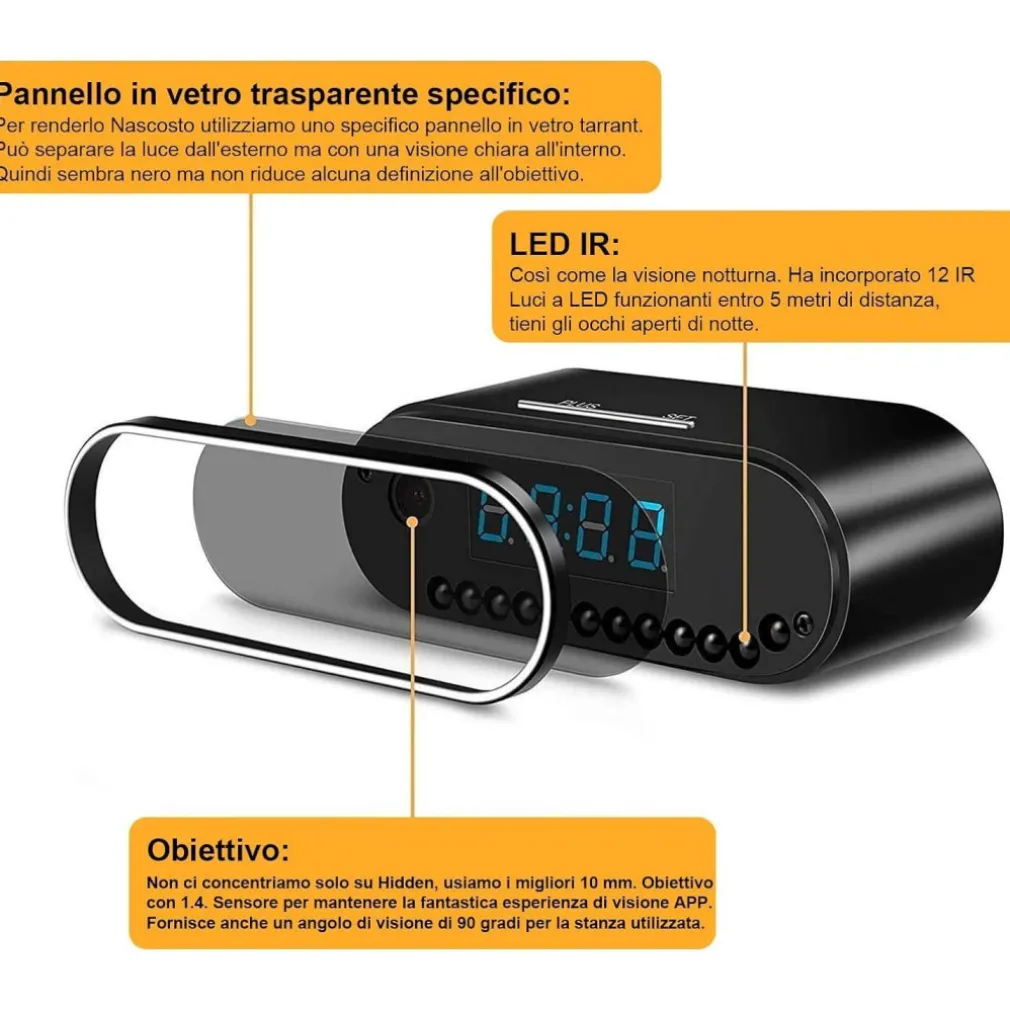 SVEGLIA OROLOGIO CON TELECAMERA SPIA NASCOSTA CON VISIONE NOTTURNA SORVEGLIANZA