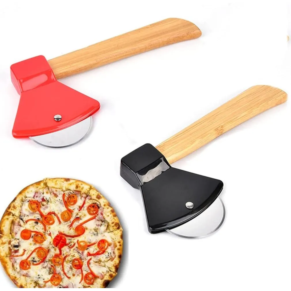 TAGLIAPIZZA ROTELLA TAGLIERINA ACCIAIO LEGNO RULLO CUCINA FORMA ASCIA 21CM 50860